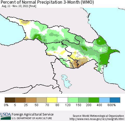 Azerbaijan, Armenia and Georgia Percent of Normal Precipitation 3-Month (WMO) Thematic Map For 8/11/2021 - 11/10/2021