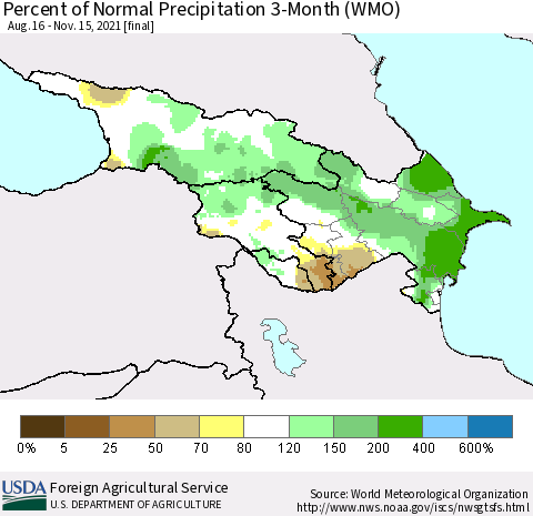 Azerbaijan, Armenia and Georgia Percent of Normal Precipitation 3-Month (WMO) Thematic Map For 8/16/2021 - 11/15/2021