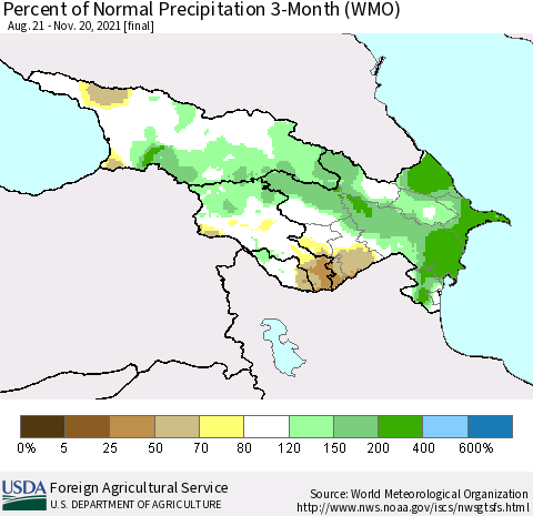 Azerbaijan, Armenia and Georgia Percent of Normal Precipitation 3-Month (WMO) Thematic Map For 8/21/2021 - 11/20/2021