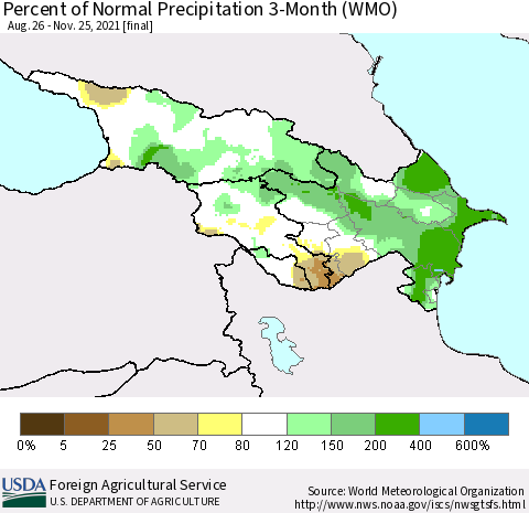 Azerbaijan, Armenia and Georgia Percent of Normal Precipitation 3-Month (WMO) Thematic Map For 8/26/2021 - 11/25/2021