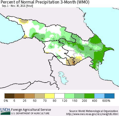 Azerbaijan, Armenia and Georgia Percent of Normal Precipitation 3-Month (WMO) Thematic Map For 9/1/2021 - 11/30/2021