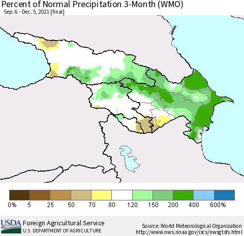 Azerbaijan, Armenia and Georgia Percent of Normal Precipitation 3-Month (WMO) Thematic Map For 9/6/2021 - 12/5/2021