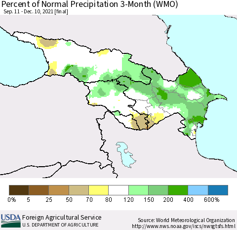 Azerbaijan, Armenia and Georgia Percent of Normal Precipitation 3-Month (WMO) Thematic Map For 9/11/2021 - 12/10/2021