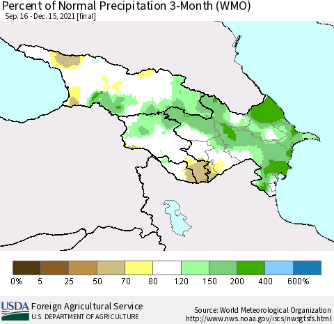 Azerbaijan, Armenia and Georgia Percent of Normal Precipitation 3-Month (WMO) Thematic Map For 9/16/2021 - 12/15/2021