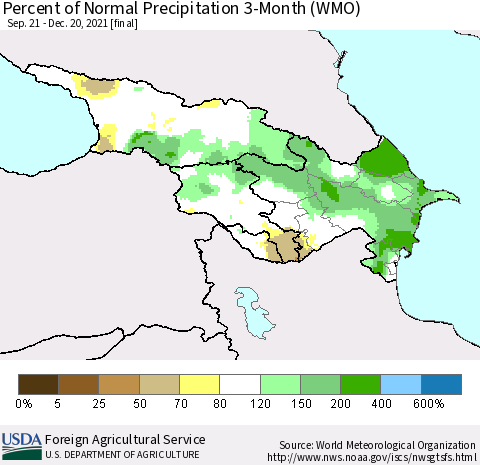 Azerbaijan, Armenia and Georgia Percent of Normal Precipitation 3-Month (WMO) Thematic Map For 9/21/2021 - 12/20/2021