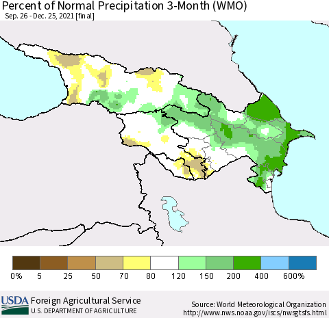 Azerbaijan, Armenia and Georgia Percent of Normal Precipitation 3-Month (WMO) Thematic Map For 9/26/2021 - 12/25/2021