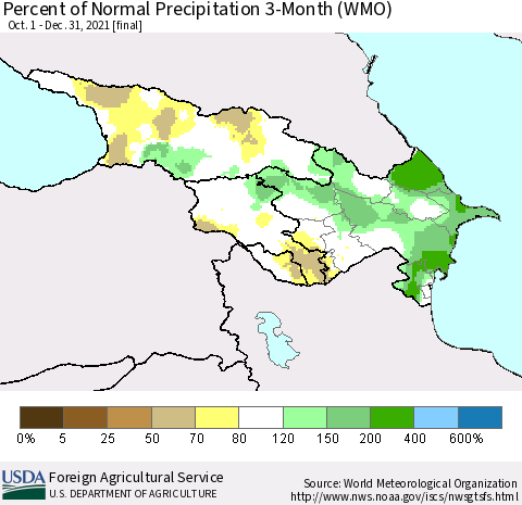 Azerbaijan, Armenia and Georgia Percent of Normal Precipitation 3-Month (WMO) Thematic Map For 10/1/2021 - 12/31/2021