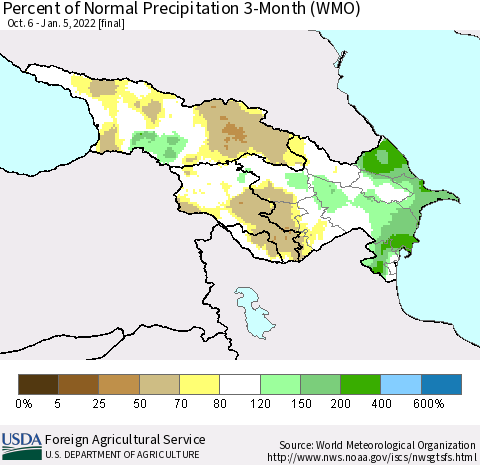 Azerbaijan, Armenia and Georgia Percent of Normal Precipitation 3-Month (WMO) Thematic Map For 10/6/2021 - 1/5/2022
