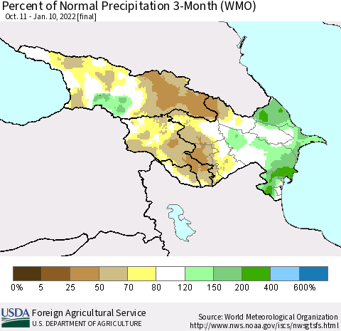 Azerbaijan, Armenia and Georgia Percent of Normal Precipitation 3-Month (WMO) Thematic Map For 10/11/2021 - 1/10/2022