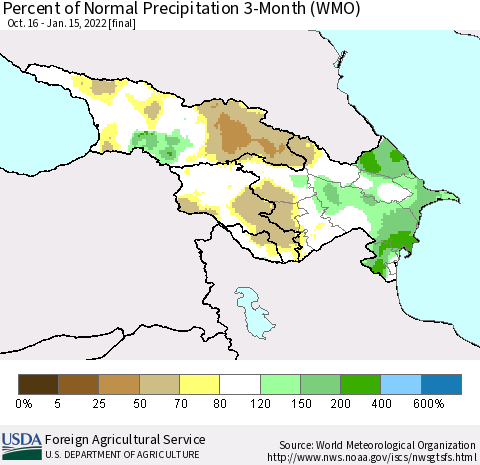 Azerbaijan, Armenia and Georgia Percent of Normal Precipitation 3-Month (WMO) Thematic Map For 10/16/2021 - 1/15/2022