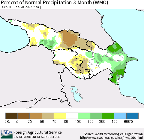Azerbaijan, Armenia and Georgia Percent of Normal Precipitation 3-Month (WMO) Thematic Map For 10/21/2021 - 1/20/2022