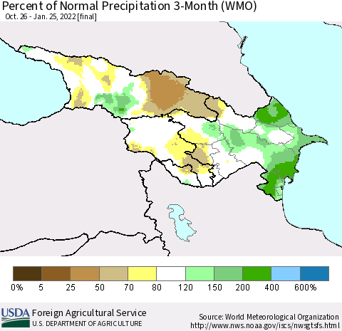 Azerbaijan, Armenia and Georgia Percent of Normal Precipitation 3-Month (WMO) Thematic Map For 10/26/2021 - 1/25/2022