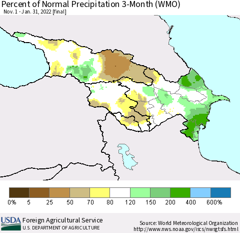 Azerbaijan, Armenia and Georgia Percent of Normal Precipitation 3-Month (WMO) Thematic Map For 11/1/2021 - 1/31/2022