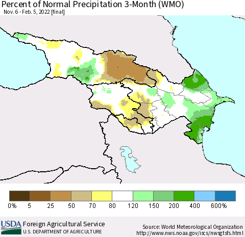 Azerbaijan, Armenia and Georgia Percent of Normal Precipitation 3-Month (WMO) Thematic Map For 11/6/2021 - 2/5/2022