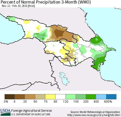 Azerbaijan, Armenia and Georgia Percent of Normal Precipitation 3-Month (WMO) Thematic Map For 11/11/2021 - 2/10/2022