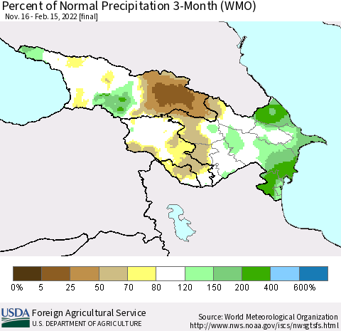 Azerbaijan, Armenia and Georgia Percent of Normal Precipitation 3-Month (WMO) Thematic Map For 11/16/2021 - 2/15/2022