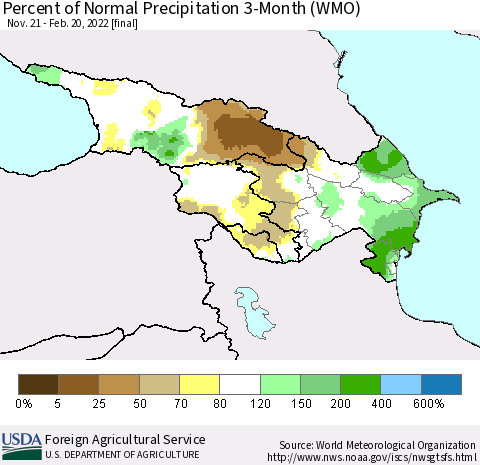 Azerbaijan, Armenia and Georgia Percent of Normal Precipitation 3-Month (WMO) Thematic Map For 11/21/2021 - 2/20/2022