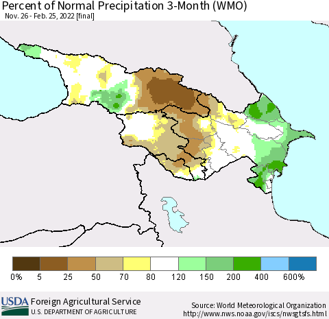 Azerbaijan, Armenia and Georgia Percent of Normal Precipitation 3-Month (WMO) Thematic Map For 11/26/2021 - 2/25/2022