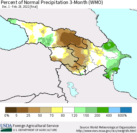Azerbaijan, Armenia and Georgia Percent of Normal Precipitation 3-Month (WMO) Thematic Map For 12/1/2021 - 2/28/2022