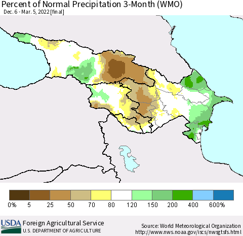 Azerbaijan, Armenia and Georgia Percent of Normal Precipitation 3-Month (WMO) Thematic Map For 12/6/2021 - 3/5/2022