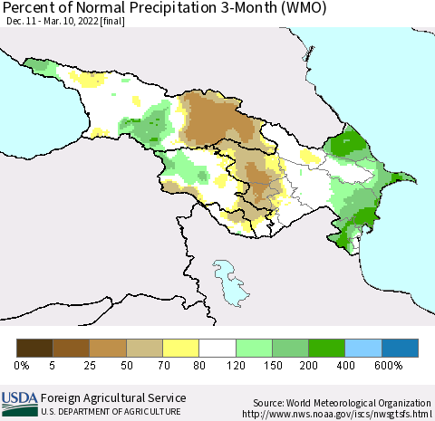Azerbaijan, Armenia and Georgia Percent of Normal Precipitation 3-Month (WMO) Thematic Map For 12/11/2021 - 3/10/2022