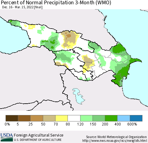 Azerbaijan, Armenia and Georgia Percent of Normal Precipitation 3-Month (WMO) Thematic Map For 12/16/2021 - 3/15/2022