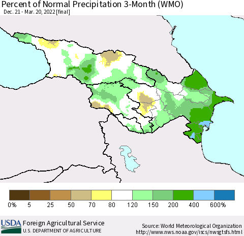 Azerbaijan, Armenia and Georgia Percent of Normal Precipitation 3-Month (WMO) Thematic Map For 12/21/2021 - 3/20/2022
