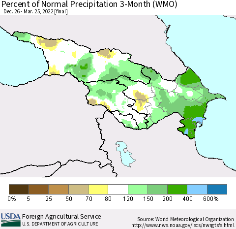 Azerbaijan, Armenia and Georgia Percent of Normal Precipitation 3-Month (WMO) Thematic Map For 12/26/2021 - 3/25/2022