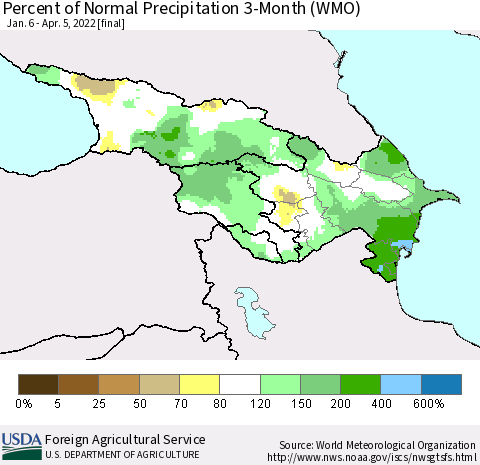 Azerbaijan, Armenia and Georgia Percent of Normal Precipitation 3-Month (WMO) Thematic Map For 1/6/2022 - 4/5/2022