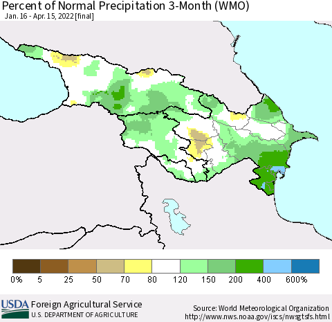 Azerbaijan, Armenia and Georgia Percent of Normal Precipitation 3-Month (WMO) Thematic Map For 1/16/2022 - 4/15/2022