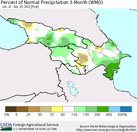 Azerbaijan, Armenia and Georgia Percent of Normal Precipitation 3-Month (WMO) Thematic Map For 1/21/2022 - 4/20/2022