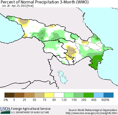 Azerbaijan, Armenia and Georgia Percent of Normal Precipitation 3-Month (WMO) Thematic Map For 1/26/2022 - 4/25/2022