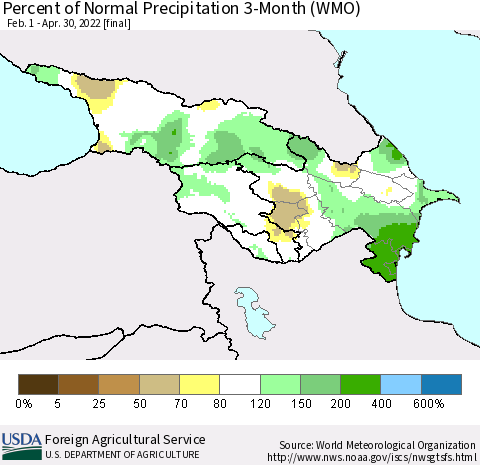 Azerbaijan, Armenia and Georgia Percent of Normal Precipitation 3-Month (WMO) Thematic Map For 2/1/2022 - 4/30/2022