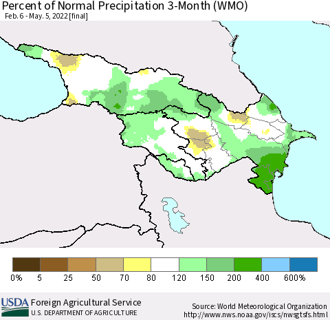 Azerbaijan, Armenia and Georgia Percent of Normal Precipitation 3-Month (WMO) Thematic Map For 2/6/2022 - 5/5/2022
