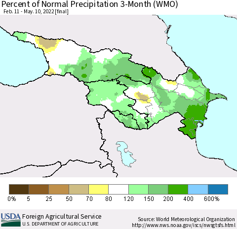 Azerbaijan, Armenia and Georgia Percent of Normal Precipitation 3-Month (WMO) Thematic Map For 2/11/2022 - 5/10/2022