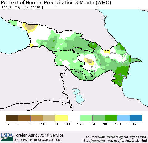 Azerbaijan, Armenia and Georgia Percent of Normal Precipitation 3-Month (WMO) Thematic Map For 2/16/2022 - 5/15/2022