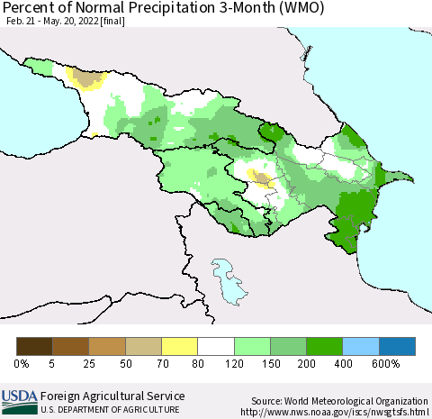 Azerbaijan, Armenia and Georgia Percent of Normal Precipitation 3-Month (WMO) Thematic Map For 2/21/2022 - 5/20/2022