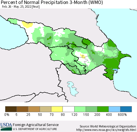 Azerbaijan, Armenia and Georgia Percent of Normal Precipitation 3-Month (WMO) Thematic Map For 2/26/2022 - 5/25/2022