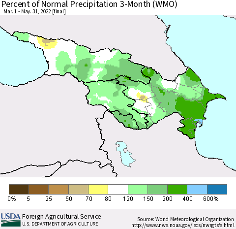Azerbaijan, Armenia and Georgia Percent of Normal Precipitation 3-Month (WMO) Thematic Map For 3/1/2022 - 5/31/2022
