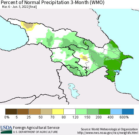 Azerbaijan, Armenia and Georgia Percent of Normal Precipitation 3-Month (WMO) Thematic Map For 3/6/2022 - 6/5/2022
