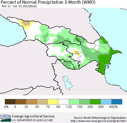 Azerbaijan, Armenia and Georgia Percent of Normal Precipitation 3-Month (WMO) Thematic Map For 3/11/2022 - 6/10/2022