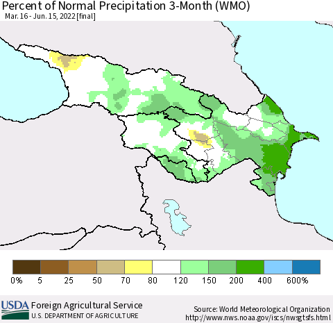 Azerbaijan, Armenia and Georgia Percent of Normal Precipitation 3-Month (WMO) Thematic Map For 3/16/2022 - 6/15/2022