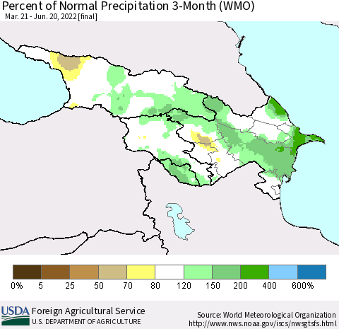 Azerbaijan, Armenia and Georgia Percent of Normal Precipitation 3-Month (WMO) Thematic Map For 3/21/2022 - 6/20/2022