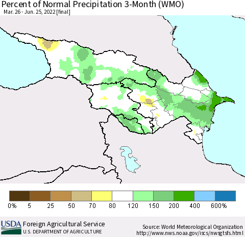 Azerbaijan, Armenia and Georgia Percent of Normal Precipitation 3-Month (WMO) Thematic Map For 3/26/2022 - 6/25/2022