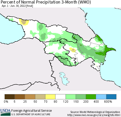 Azerbaijan, Armenia and Georgia Percent of Normal Precipitation 3-Month (WMO) Thematic Map For 4/1/2022 - 6/30/2022
