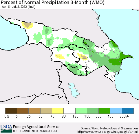 Azerbaijan, Armenia and Georgia Percent of Normal Precipitation 3-Month (WMO) Thematic Map For 4/6/2022 - 7/5/2022