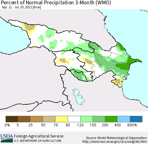 Azerbaijan, Armenia and Georgia Percent of Normal Precipitation 3-Month (WMO) Thematic Map For 4/11/2022 - 7/10/2022