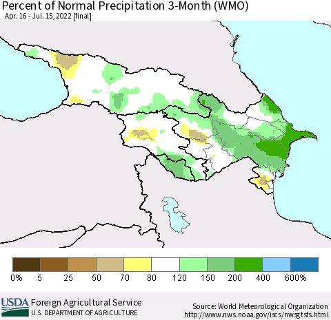 Azerbaijan, Armenia and Georgia Percent of Normal Precipitation 3-Month (WMO) Thematic Map For 4/16/2022 - 7/15/2022