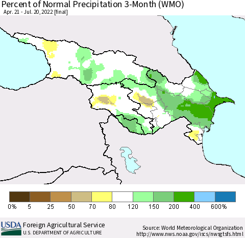 Azerbaijan, Armenia and Georgia Percent of Normal Precipitation 3-Month (WMO) Thematic Map For 4/21/2022 - 7/20/2022