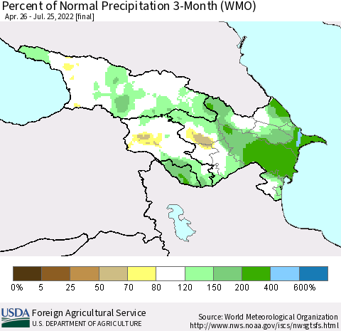 Azerbaijan, Armenia and Georgia Percent of Normal Precipitation 3-Month (WMO) Thematic Map For 4/26/2022 - 7/25/2022